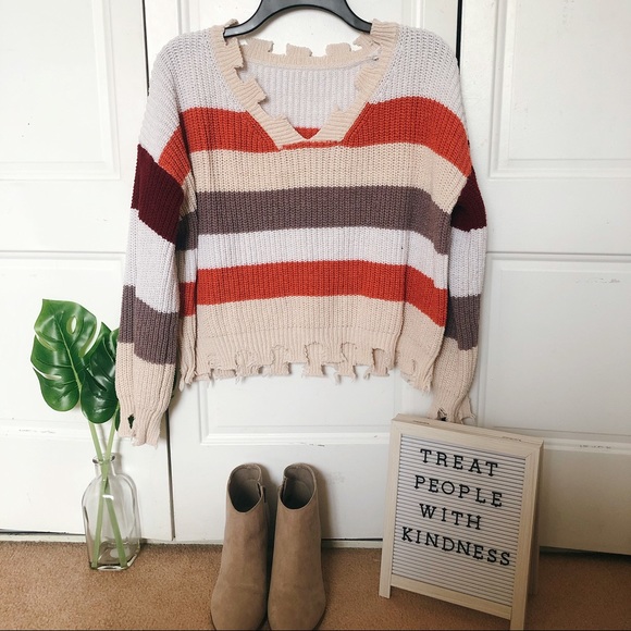 Sweaters - STRIPED DISTRESSED RIPPED CHUNKY KNIT SWEATER